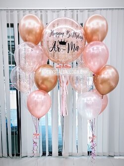 ลูกโป่ง วันเกิด Bubble ขนาด 24" Theme โรสโกล พร้อม ช่อลูกโป่ง 2 ช่อ,ลูกโป่งใส ใส่กลิตเตอร์ พร้อมตกเเต่ง สามารถเปลี่ยนสีลูกโป่ง/เปลี่ยนข้อความ/เปลี่ยนขนาดได้