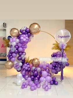 Organic Backdrop แสดงความยินดี โครงกลม ขนาด 2x2 เมตร พร้อม Bubble ขนาด 36" กลิตเตอร์สีขาว 1 ลูก,ลูกโป่งประดับตั้งพื้น 9 ชิ้น พร้อมตกแต่ง สามารถเปลี่ยนสีลูกโป่ง/เปลี่ยนข้อความ/เปลี่ยนขนาดได้