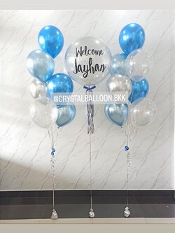 ลูกโป่ง Welcome Baby Boy Bubble ขนาด 24" กลิตเตอร์สีเงิน พร้อมตกแต่ง ช่อลูกโป่งโครเมี่ยม ช่อ 7 ลูก 2 ช่อ,ลูกโป่งใส ใส่กลิตเตอร์ สามารถเปลี่ยนสีลูกโป่ง/เปลี่ยนข้อความ/เปลี่ยนขนาดได้