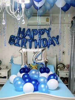 ลูกโป่ง วันเกิด Theme สีน้ำเงิน พร้อม ฟอยล์ตัวอักษร Happy Birthday พร้อม ลูกโป่งลอยฝ้า 15 ลูก,ลูกโป่งลอยฝ้าลายหิน 5 ลูก,ลูกโป่งโปรยพื้น 15 ลูก,ฟอยล์ตัวเลข ขนาด 40" ตั้งฐาน 2 ชิ้น พร้อมตกเเต่ง สามารถเปลี่ยนสีลูกโป่ง/เปลี่ยนสี-ฟอยล์ตัวอักษร-ฟอยล์ตัวเลข