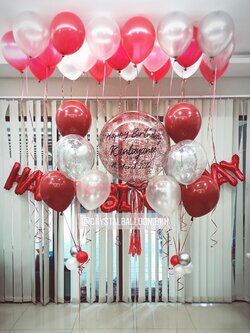 ลูกโป่ง วันเกิด Bubble ขนาด 24" Theme สีแดง พร้อม ฟอยล์ตัวอักษร Happy Birthday พร้อม ลูกโป่งลอยฝ้า 20 ลูก พร้อมตกเเต่ง สามารถเปลี่ยนสีลูกโป่ง/เปลี่ยนข้อความ/เปลี่ยนขนาด/เปลี่ยนสี-ฟอยล์ตัวอักษรได้