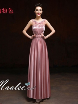 พร้อมส่ง ชุดราตรียาว แขนกุด สีชมพู เนื้อผ้ามันใส่สบาย แต่งมุกปักเลื่อมสวยหรูทั้งอกและเอว