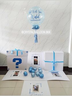 Get Well Soon Surprised Box วันเยี่ยมไข้ Bubble ขนาด 24" กลิตเตอร์สีฟ้า พร้อมตกแต่ง สามารถใส่รูปได้ 4 ใบ สามารถเปลี่ยนสีลูกโป่ง/เปลี่ยนข้อความได้