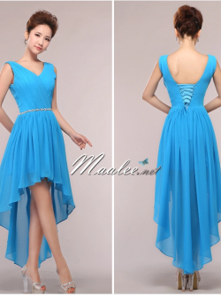 พร้อมเช่า ชุดราตรีสั้น แขนกุด หน้าสั้นหลังยาว สีฟ้าเข้ม คาดเอวคริสตัล