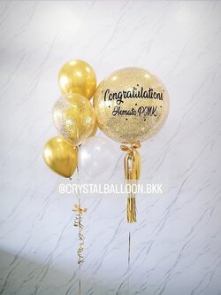 ลูกโป่ง แสดงความยินดี Bubble ขนาด 24" สีทอง พร้อม ช่อลูกโป่ง ช่อ 5 ลูก 1 ช่อ,ลูกโป่งใส ใส่กลิตเตอร์ พร้อมตกเเต่ง สามารถเปลี่ยนสีลูกโป่ง/เปลี่ยนข้อความ/เปลี่ยนขนาดได้