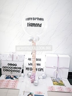 Happy Birthday Surprise Box กล่องเซอร์ไพรส์วันเกิด Bubble ขนาด 24'' Theme สีเงิน พร้อมตกแต่ง สามารถใส่รูปได้ 4 รูป สามารถเปลี่ยนสีลูกโป่ง/เปลี่ยนข้อความได้