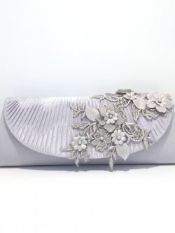 พร้อมส่ง Evening Clutch กระเป๋าออกงาน สีเทา แต่งผ้าลูกไม้ เรียบหรู