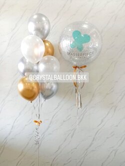 ลูกโป่ง เปิดร้าน Bubble ขนาด 24" กลิตเตอร์สีเงิน 1 ลูก พร้อม ช่อลูกโป่งช่อลูกโป่งสีโครเมี่ยม ช่อ 7 ลูก 1 ช่อ พร้อมตกแต่ง สามารถเปลี่ยนสีลูกโป่ง/เปลี่ยนข้อความ/เปลี่ยนขนาดได้