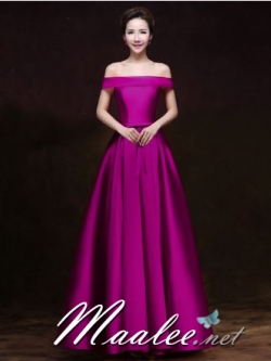 พร้อมเช่า ชุดราตรียาว แบบไหล่ปาด สไตล์วินเทจผ้าไหมดัชเชส กระโปรงทรงA แต่งโบว์2ชั้น ช่วงเอว สีม่วง (เชือกผูกหลัง)