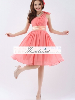 พร้อมส่ง ชุดราตรีสั้น เกาะอก ไหล่เดียว สีโอโรส ผูกโบว์ตรงบ่า คาดเอวผ้าซาติน