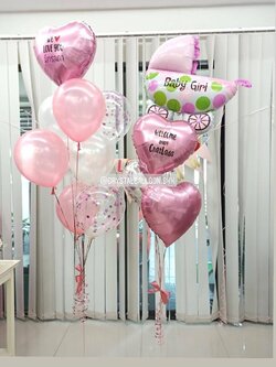 ลูกโป่ง Welcome Baby Girl พร้อมตกแต่ง ช่อลูกโป่ง 2 ช่อ,ฟอยล์หัวใจ ขนาด 18" 3 ชิ้น,ฟอยล์รถเข็นใหญ่ 1 ชิ้น,ป้ายธง สามารถเปลี่ยนสีลูกโป่ง/เปลี่ยนข้อความ/เปลี่ยนฟอยล์ตกแต่งได้