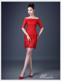 พร้อมเช่า ชุดราตรีสั้น สีแดง ลูกไม้ทัั้งตัว เปิดไหล่ แขนสามส่วน เข้ารูปสวย