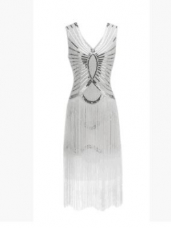 พร้อมเช่า ชุด Gatsby ออกงาน แต่งเลื่อม กระโปรงพริ้วสวย สีเงินวิ้งๆ