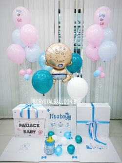 Gender Reveal แบบบกล่อง พร้อม ช่อลูกโป่ง ช่อ 5 ลูก 2 ช่อ พร้อมตกแต่ง สามารถใส่รูปได้ 2 ใบ สามารถเปลี่ยนสีลูกโป่ง/เปลี่ยนข้อความ/เปลี่ยนสี-ฟอยล์ตกแต่งได้