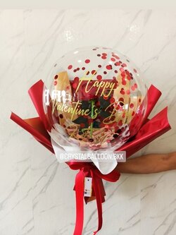 Flower Balloon Valentine's Day ดอกกุหลาบแดงประดิษฐ์ 1 ดอก Bubble ขนาด 18" สามารถใส่เงินได้ 30 ใบ พร้อมตกแต่ง สามารถเปลี่ยนข้อความ/เปลี่ยนสีได้