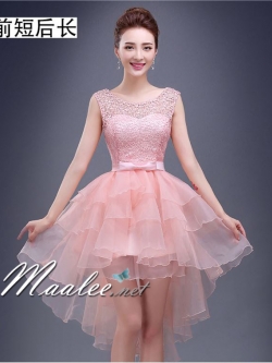 พร้อมเช่า ชุดราตรีสั้น แขนกุด แต่งอกลูกไม้เพิ่มโบว์ช่วงเอว เปรี้ยวหวาน กระโปรงระบาย3ชั้น หน้าสั้น หลังยาว สีชมพูโอโรส