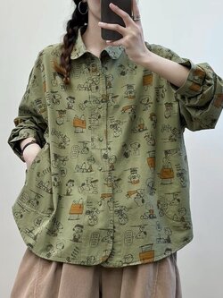 เสื้อเชิ้ตโอเวอร์ไซส์ลายsnoopy แต่งกระเป๋าข้าง