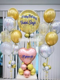 ลูกโป่ง วันเกิด Bubble ขนาด 24" Theme สีทอง พร้อม ช่อลูกโป่ง ช่อ 7 ลูก 2 ช่อ,ลูกโป่งใส ใส่กลิตเตอร์,ฟอยล์หัวใจ 18" ตั้งฐาน 1 ชิ้น พร้อมตกเเต่ง สามารถเปลี่ยนสีลูกโป่ง/เปลี่ยนสีข้อความ/เปลี่ยนขนาดได้
