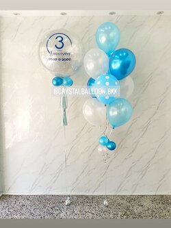 ลูกโป่ง วันครบรอบ Bubble ขนาด 24" Theme สีฟ้า พร้อมตกแต่ง ช่อลูกโป่ง 9 ลูก,ลูกโป่งลายจุด 1 ลูก สามารถเปลี่ยนสีลูกโป่ง/เปลี่ยนข้อความ/เปลี่ยนขนาดได้