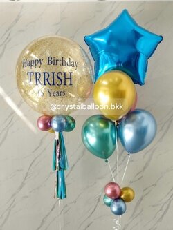 ลูกโป่ง วันเกิด Bubble ขนาด 24" กลิตเตอร์สีทอง พร้อม ช่อลูกโป่งฟอยล์ดาว ขนาด 24" ช่อ 5 ลูก 1 ช่อ พร้อมตกแต่ง สามารถเปลี่ยนสีลูกโป่ง/เปลี่ยนข้อความ/เปลี่ยนขนาดได้