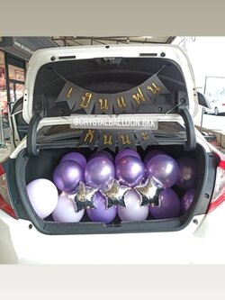 ลูกโป่ง เซอร์ไพรส์ท้ายรถ ป้ายธง เป็นแฟนกันนะ 10 ตัวอักษร พร้อม ลูกโป่งตั้งฐาน 1 ชิ้น Theme สีม่วง,ลูกโป่งโปรยพื้น 4 ลูก,ไฟประดับ 1 ชิ้น พร้อมตกแต่ง สามารถเปลี่ยนสีลูกโป่ง/เปลี่ยนข้อความ/เปลี่ยนสี-ป้ายธงได้