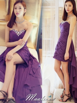 พร้อมเช่า ชุดราตรีสั้น&ชุดเดรสสั้น เกาะอกสีม่วง ผ้าชีฟองแต่งจีบกระโปรงแบบสานต่อกัน อกแต่งเลื่อมหรู ชายยาว (ปรับแก้ไซส์ได้)