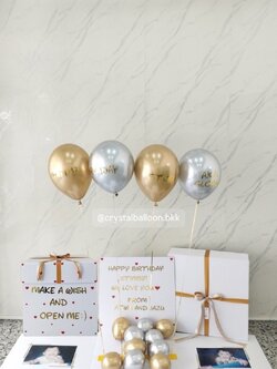 Happy Birthday Surprised box กล่องเซอร์ไพรส์วันเกิด พร้อม ลูกโป่ง 4 ลูก พร้อมตกเเต่ง สามารถใส่รูปได้ 2 ใบ สามารถเปลี่ยนสีลูกโป่ง/เปลี่ยนสีข้อความได้