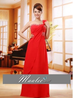 พร้อมเช่า ชุดราตรียาว ไหล่เดียว แบบสวย สีแดง ช่วยพรางหน้าท้อง ปักเลื่อมช่วงรอบคอเสื้อและเอว