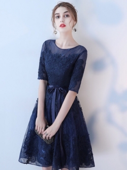 พร้อมส่ง เดรส สีกรมท่า ชุดราตรีสั้น แขนยาว ลูกไม้สวยหรู (ซิปหลัง)