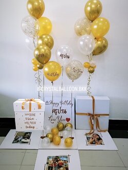 Happy Birthday Surprise Box Theme สีทอง พร้อมตกแต่ง ช่อลูกโป่ง 5 ลูก 2 ช่อ,ลูกโป่งใส ใส่กลิตเตอร์,สามารถใส่รูปได้ 3 รูป สามารถเปลี่ยนสีลูกโป่ง/เปลี่ยนข้อความได้