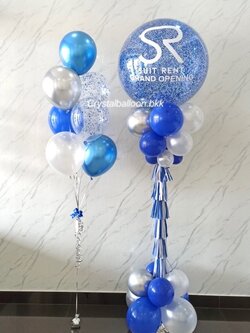 เสาลูกโป่ง เปิดงาน Bubble ขนาด 36" กลิตเตอร์สีน้ำเงิน 1 เสา พร้อม ช่อลูกโป่ง ช่อ 7 ลูก 1 ช่อ พร้อมตกแต่ง สามารถเปลี่ยนสีลูกโป่ง/เปลี่ยนข้อความได้