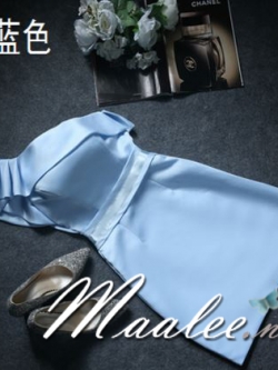 พร้อมเช่า ชุดราตรีสั้น ไหล่เดียว แต่งจีบระบายไหล่ขวา ผ้าซาตินเงา เรียบหรู (ซิปข้าง) สีฟ้า