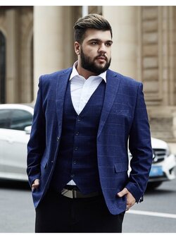 Pre-order ชุดสูทชาย พลัสไซส์ ลายตารางสีกรมท่า