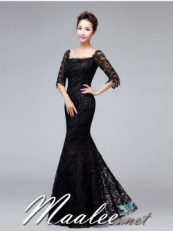 พร้อมเช่า ชุดราตรียาว สีดำ ทรงหางปลา ลูกไม้ทัั้งตัว เปิดไหล่ แขนสามส่วน (เชือกผูกหลัง)