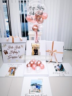 Happy Birthday Surprise Box กล่องเซอร์ไพรส์วันเกิด Bubble USA ขนาด 24" Theme สีโรสโกล พร้อมตกแต่ง สามารถใส่รูปได้ 4 ใบ สามารถเปลี่ยนสีลูกโป่ง/เปลี่ยนข้อความได้