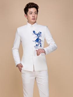 Pre-order ชุดสูทจีนชาย สีขาว ปักอกลายมังกรสีน้ำเงิน คอปีน แขนยาว สไตล์จีน