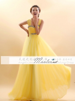 พร้อมเช่า ชุดราตรียาว ผ้าชีฟอง สีเหลือง แต่งคริสตัลหรูช่วงอกและเอว