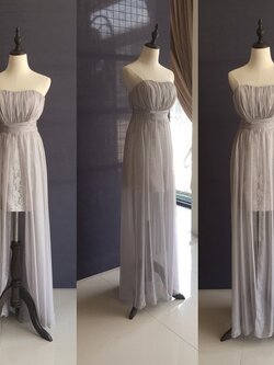 พร้อมเช่า ชุดเดรสยาว เกาะอกสีเทา ผ้าชีฟอง แต่งลูกไม้เก๋ๆ น่ารักมาก