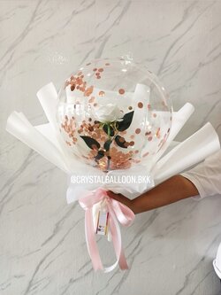 Flower Balloon แสดงความยินดี ดอกกุหลาบขาวประดิษฐ์ 1 ดอก Bubble ขนาด 18" สามารถใส่เงินได้ 30 ใบ พร้อมตกแต่ง สามารถเปลี่ยนข้อความ/เปลี่ยนสีได้