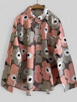 เสื้อเชิ้ตผ้าฝ้ายลายดอกไม้ทรงโอเวอร์ไซส์