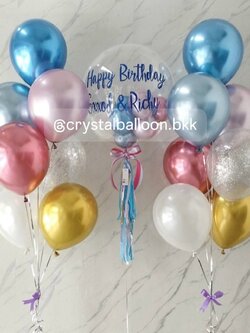 ลูกโป่ง วันเกิด Bubble ขนาด 24" 1 ลูก พร้อม ลูกโป่ง 6" ด้านใน 6 ลูก,ช่อลูกโป่ง ช่อ 7 ลูก 2 ช่อ สีโครเมี่ยมคัลเลอร์ฟูล/ลูกโป่งใส ใส่กลิตเตอร์ พร้อมตกแต่ง สามารถเปลี่ยนสีลูกโป่ง/เปลี่ยนข้อความ/เปลี่ยนขนาดได้