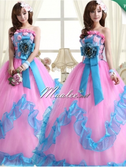 พร้อมเช่า ชุดแฟนซี ชุดราตรี เกาะอก สีชมพู ฟ้า Pastel สุดหวาน แต่งระบายกระโปรง