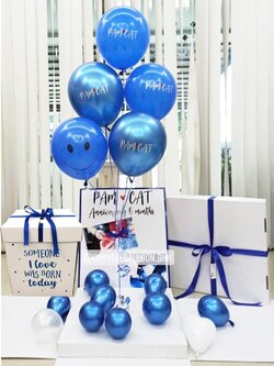 Happy Anniversary ครบรอบ แบบกล่อง ลูกโป่ง Emoji หน้ายิ้ม สีน้ำเงิน พร้อมตกแต่ง ช่อลูกโป่ง 1 ช่อ,สามารถใส่รูปได้ 2 ใบ สามารถเปลี่ยนสีลูกโป่ง/เปลี่ยนข้อความได้