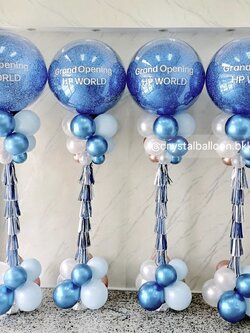 เสาลูกโป่ง เปิดงาน Bubble ขนาด 36" กลิตเตอร์สีน้ำเงิน 4 เสา พร้อมตกแต่ง สามารถเปลี่ยนสีลูกโป่ง/เปลี่ยนข้อความได้