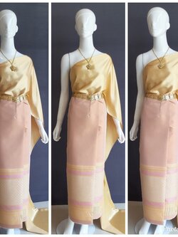 เช่า ชุดไทย ชุดเพื่อนเจ้าสาว ชุดไทยผ้าซิ่นสีส้มอ่อน สไบเรียบสีทอง