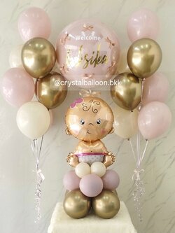 ลูกโป่ง Welcome Baby ฟอยล์เด็กผญ. ตั้งฐาน 1 ชิ้น ลูกโป่งยาง สี Dusk Pink 1 ลูก พร้อม ประดับโบว์จิ๋ว 6 ชิ้น ช่อ 7 ลูก 2 ช่อ สีคาเมเลียโครเมียม/Sand/Dusk Pink พร้อมตกแต่ง สามารถเปลี่ยนสีลูกโป่ง/เปลี่ยนฟอยล์ตกแต่งได้