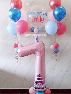 ลูกโป่งวันเกิดเด็ก Bubble ขนาด 24" กลิตเตอร์สีขาว พร้อมลูกโป่งช่อ 5 ลูก 2 ช่อ , ฟอยล์ตัวเลข ขนาด 40" ตั้งฐาน 1 ชิ้น Theme ชมพู - ฟ้า พร้อมตกแต่ง สามารถเปลี่ยนสีลูกโป่ง/้เปลี่ยนข้อความ/เปลี่ยนขนาดลูกโป่งได้