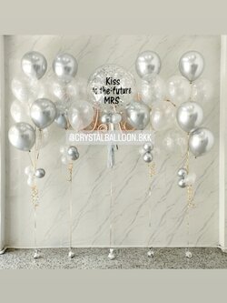 ลูกโป่ง Bride To Be Bubble ขนาด 24" คอนเฟตติสีเงิน 1 ลูก พร้อม ช่อลูกโป่ง ช่อ 5 ลูก 2 ช่อ,ช่อลูกโป่ง ช่อ 7 ลูก 2 ช่อ,ฟอยล์ตัวอักษรเขียน Bride To Be ขนาด 16" 1 ชิ้น พร้อมตกแต่ง สามารถเปลี่ยนสีลูกโป่ง/เปลี่ยนข้อความ/เปลี่ยนขนาดได้