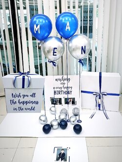 Happy Birthday Surprise Box กล่องเซอร์ไพรส์วันเกิด Theme สีเงิน-สีน้ำเงิน พร้อมตกแต่ง สามารถใส่รูปได้ 2 ใบ สามารถเปลี่ยนสีลูกโป่ง/เปลี่ยนข้อความได้