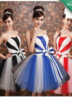 พร้อมเช่า ชุดแฟนซี ชุดราตรีสั้น เกาะอก กระโปรงสุ่ม ลายทางริ้ว เก๋มาก มี 3 สี